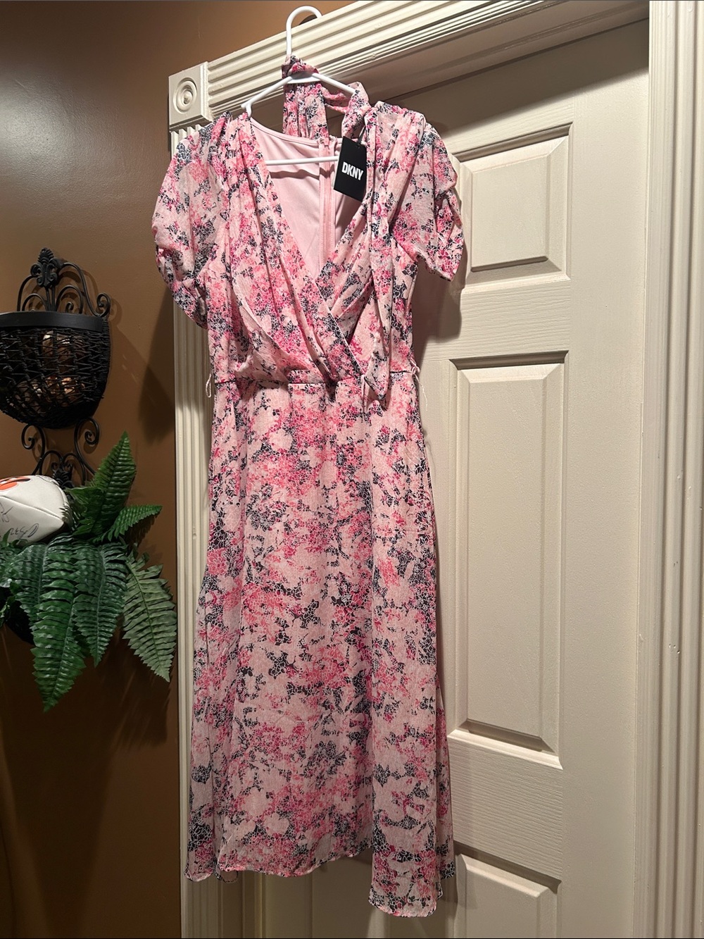 DKNY Pink Floral Wrap Midi Dress
